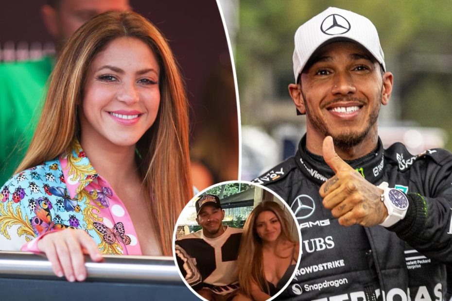 Shakira cozies up to F1 driver Lewis Hamilton in Barcelona
